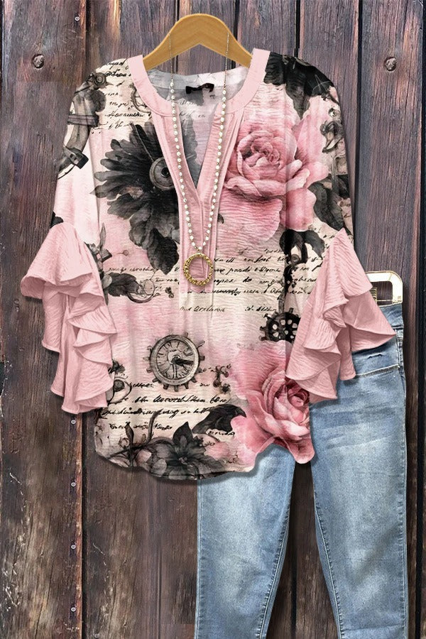 Women's Creative Printing Casual V-neck Lotus Sleeve T-shirt