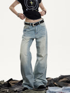 Retro Washed Distressed Jeans With Whiskers Female Hot Girl Loose