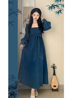 National Style New Chinese Style Spring And Autumn French Retro Elegant Slim Square Collar High Waist Skirt