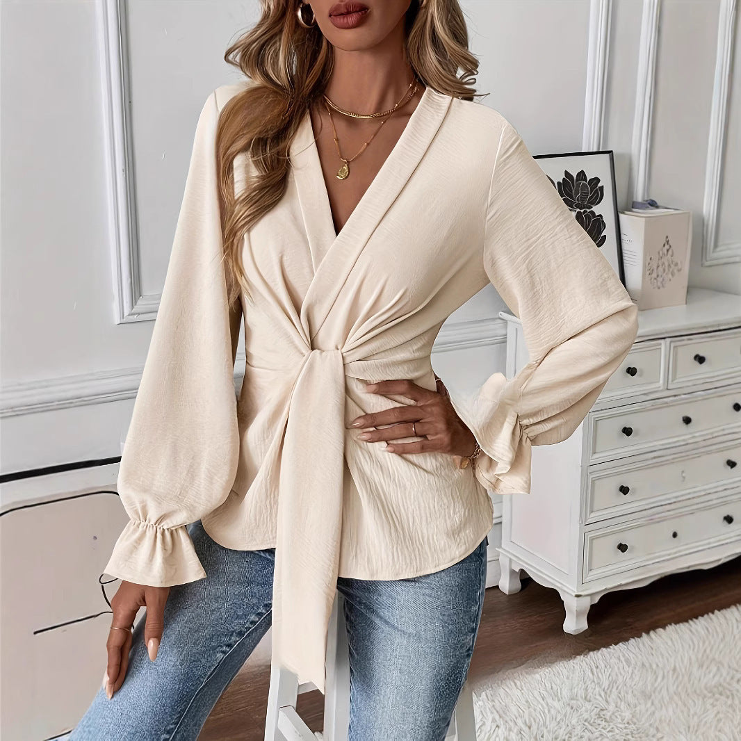 Women's Solid Color Elegant V-neck Long Sleeve Shirt Top