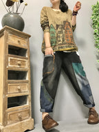 Retro Literary Ethnic Style Painted Ladies Jeans