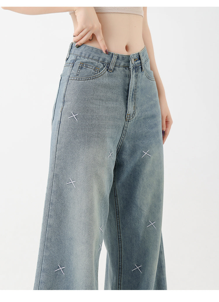 Women's Tencel Light Colored Embroidered Wide Leg Jeans