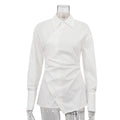 Cotton White Lapel Long Sleeve Waist Cross Irregular Shirt