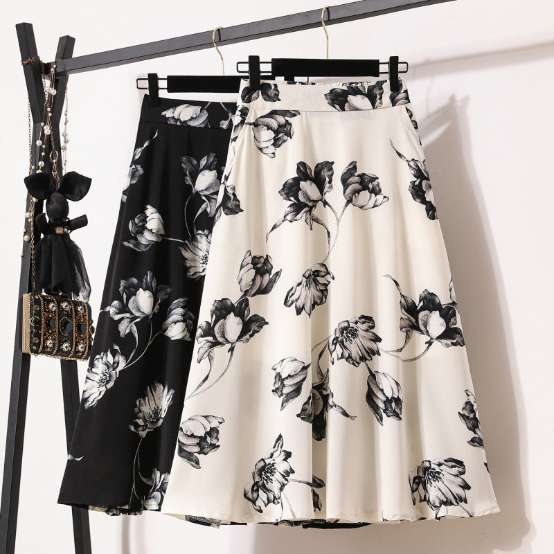 Plus Size Ice Silk Chiffon Women's Fashion Ink Painting Printing High Waist Skirt