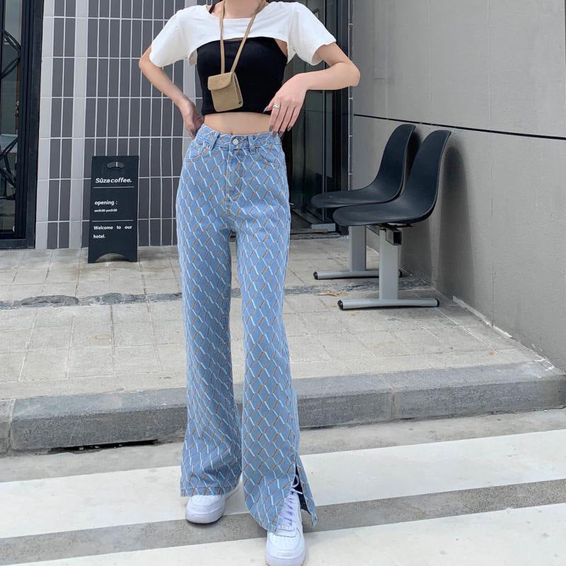 Retro Hong Kong Style High Waist Thin Wide Leg Pants Ladies Jeans