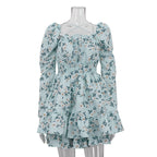 Printed Lace-up Square Collar Long Sleeve Elastic Waist Tulle Tutu Dress