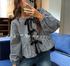 Summer Women's Plaid Loose Bow Long Sleeve Shirt