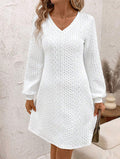 V-neck A-line Skirt Solid Color Texture Long Sleeve Temperament Elegant French Dress