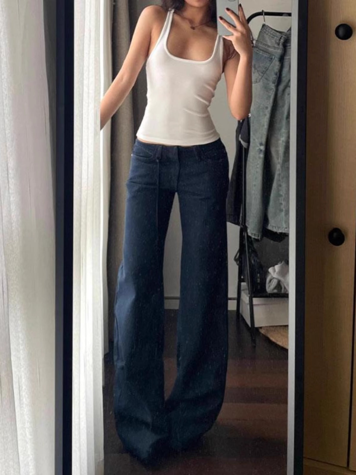 Retro Low Waist Draping Washed Wide-leg Jeans Women