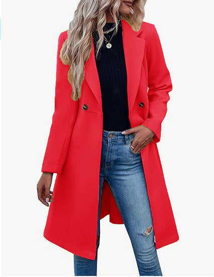Long Woolen Women's Waist-controlled Lace-up Double Breasted Coat