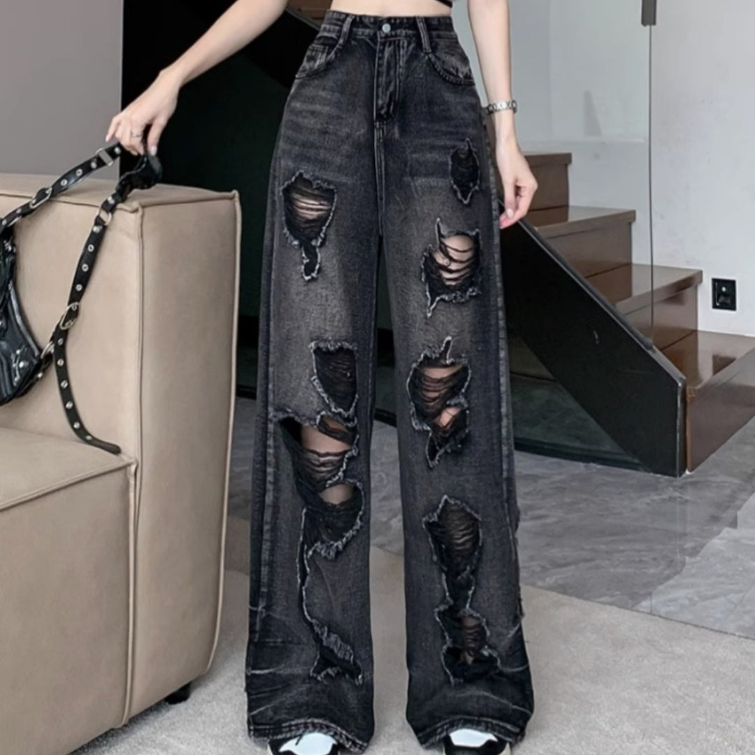 Retro Tattered Jeans High Waist Straight-leg Shorts